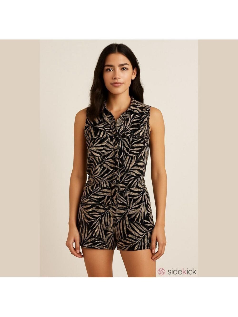 Banana Republic Palm-Print Sleeveless Snap Front Cinched Utility Shortal Romper